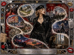 A defiant blonde woman in black leather anchors a turbulent American collage of celebrity, suburbia, consumerism, military imagery, highways, nightlife, and introspection. Feathered scenes sweep in an S-curve through distressed red, white, blue, chrome, and gold. Dramatic lighting, gritty mixed-media textures, ornate musical framing, and engraved titlework create a glamorous yet conflicted mood.