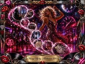 A glamorous dancer sweeps through a neon-lit disco dream as glowing memory bubbles spiral in an S-curve around clocks, missed calls, and symbols of waiting. Saturated magenta, crimson, gold, and chrome shimmer under dramatic nightclub lighting, while an ornate music-themed frame and engraved title plate complete the vivid mixed-media composition.