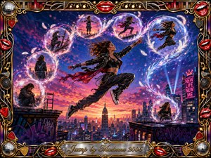 A fearless woman leaps between city rooftops at twilight, surrounded by glowing feathered bubbles tracing an S-shaped journey from hesitation to liberation. Vivid coral, magenta, violet, and electric blue light the skyline, while sparkling motion trails intensify the triumphant mood. An ornate chrome-and-gold musical frame completes the polished digital-painting composition.
