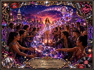 A radiant rooftop dance party unfolds beneath a glowing city skyline, where diverse revelers reach toward one another around a shimmering central figure. Iridescent bubbles sweep through the scene in an S-curve, reflecting dancers and music. Neon magenta, violet, gold, and chrome lighting create a glamorous, joyful digital-painting atmosphere.