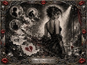 A poised woman turns away beneath a dramatic stage spotlight as torn apologies, broken hearts, and shadowy memories dissolve into swirling charcoal. Deep blacks, smoky grays, and vivid red accents create a defiant, bittersweet mood. An ornate chrome-and-gold musical frame, red lips, vinyl details, and elegant engraving complete the theatrical composition.