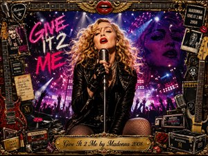 A glamorous blonde singer commands a dazzling concert stage, gripping a vintage microphone amid pink, purple, and blue spotlights, confetti, and cheering silhouettes. Rich gold-and-chrome framing surrounds guitars, records, backstage memorabilia, red lips, and tour imagery. The dramatic mixed-media collage feels energetic, rebellious, luxurious, and intensely theatrical.
