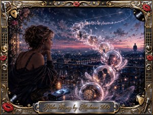 A contemplative woman overlooks a glowing city at twilight as feathered memory bubbles sweep in an elegant S-curve toward a distant figure and airplane. Deep blues, violet, blush pink, and amber light create a wistful romantic mood. Ornate chrome-and-gold musical framing, red lips, vinyl details, and the engraved title complete the cinematic digital painting.