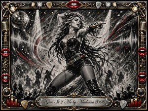 A fierce female performer commands a smoky concert stage, surrounded by dancing silhouettes, raised hands, sound waves, and swirling charcoal strokes. Deep black, gray, and white textures dominate, sharpened by red accents and gold highlights. Bright spotlights, a disco ball, ornate musical framing, and the engraved title plate amplify the glamorous, rebellious energy.