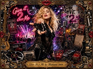 A glamorous blonde performer reaches toward the viewer from a vivid pop-rock stage, surrounded by neon lettering, mirrored disco light, guitars, drums, pedals, records, posters, and concert memorabilia. Saturated reds, purples, black, chrome, and gold create an energetic nightlife atmosphere, framed by ornate metallic detailing and a polished engraved title plate.