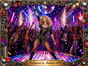 A dazzling disco celebration centers on Madonna commanding a glowing dance floor beneath a mirrored ball, surrounded by jubilant dancers, confetti, and sparkling pyrotechnics. Vivid magenta, violet, gold, and electric blue lighting creates an exuberant nightclub atmosphere, framed by ornate chrome-and-gold musical details, red lips, instruments, records, and a polished engraved title plate.