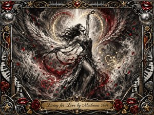 A triumphant woman rises through swirling charcoal feathers, smoke, and red ribbons beneath a radiant heart-shaped glow. Dramatic monochrome textures contrast with crimson petals and warm gold highlights, creating a passionate, resilient mood. An ornate chrome-and-gold musical frame surrounds the scene, embellished with roses, piano keys, microphones, guitars, and jeweled details.