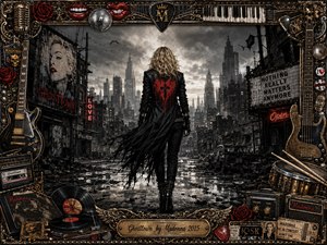 A lone blonde woman in black leather walks through a ruined ghost-town city beneath stormy gray skies, her coat marked with a vivid red cross. Dramatic monochrome lighting and selective red accents heighten the haunting mood. An ornate gold-and-black rock-and-roll frame surrounds guitars, records, roses, microphones, drums, and memorabilia.