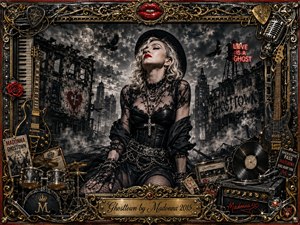 A glamorous blonde woman in black lace and leather sits amid a ruined, fog-filled city beneath stormy moonlight. Deep charcoal tones, metallic gold, black, and vivid red create a haunting yet defiant mood. An ornate music-themed frame surrounds guitars, drums, vinyl, roses, chains, and the engraved Ghosttown title plate.