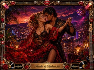 A glamorous couple dances intimately on a candlelit rooftop above Medellins sparkling hills, surrounded by palms, roses, and festive haze. Crimson, gold, black, and violet dominate the richly detailed digital painting, illuminated by warm sunset and neon glow. An ornate music-themed frame of guitars, lips, records, chrome, and filigree completes the passionate scene.