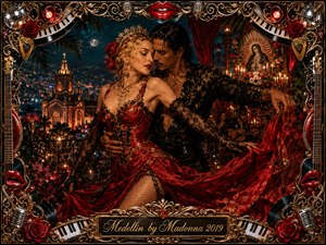 A glamorous couple dances intimately on a candlelit Medellin terrace overlooking a sparkling nighttime city. Crimson fabric, gold ornament, roses, tropical foliage, and religious imagery create a sensual, theatrical mood. Warm amber lighting enriches the baroque digital-painting style, while microphones, piano keys, records, guitars, and red lips decorate the ornate frame.