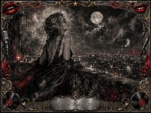 A glamorous woman rests on a moonlit balcony overlooking a glowing city, her windblown hair and flowing dark fabric conveying longing and vulnerability. Deep charcoal textures, smoky grays, crimson accents, and silvery light create a romantic noir atmosphere. An ornate music-themed frame surrounds the scene, finished with roses, records, microphones, and an engraved title plate.