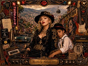 Madonna poses confidently beside a young companion on a vibrant Medellin street, framed by mountains, murals, vintage cars, neon signs, guitars, records, and stage memorabilia. Warm golden light and saturated reds, blacks, and metallic gold create a theatrical, rebellious mood, rendered in richly detailed, poster-like mixed-media realism with ornate concert-inspired framing.