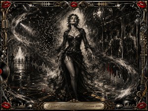 A confident woman strides through a smoky mirrored nightclub, surrounded by dissolving maze patterns, sound waves, and reflected silhouettes. Deep charcoal blacks and silvery grays dominate, accented by crimson lips and ornate gold details. Dramatic spotlights and a disco ball heighten the mysterious, sensual mood, framed by elaborate musical ornamentation.