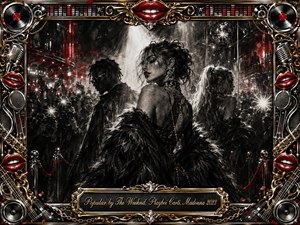 A glamorous figure commands a smoky, paparazzi-filled nightclub scene, surrounded by shadowy companions, flashing cameras, velvet ropes, and mirrored reflections. Deep charcoal textures dominate, sharpened by crimson lips, chrome, and intricate gold accents. Dramatic spotlights heighten the seductive, decadent mood, while an ornate music-themed frame completes the theatrical composition.