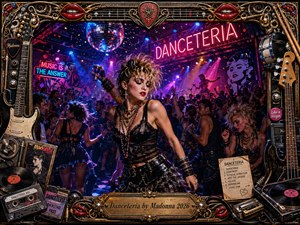 A glamorous dancer commands a packed neon nightclub beneath a glittering disco ball, surrounded by magenta, blue, and violet stage lights. The energetic digital collage blends 1980s club decadence with guitars, records, drums, chrome ornament, red lips, and concert memorabilia, framed by intricate gold detailing and a central engraved title plate.