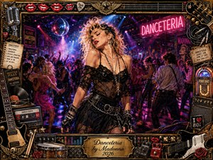 A glamorous Madonna-inspired performer commands a packed 1980s nightclub beneath neon Danceteria signage and a shimmering disco ball. Electric pink, blue, gold, and black tones create a charged, smoky atmosphere. An ornate rock-themed frame surrounds the scene with guitars, records, microphones, tickets, roses, pedals, and a gold engraved title plate.