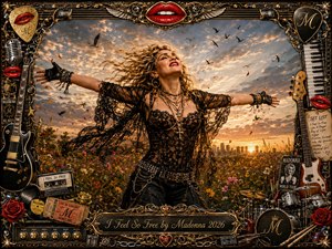 A radiant blonde singer stands with arms outstretched in a wildflower field at sunset, framed by a distant city skyline and soaring birds. Warm gold, black, crimson, and chrome dominate the richly detailed rock-fantasy composition, surrounded by guitars, drums, microphones, records, roses, stage memorabilia, and an ornate engraved title plate.
