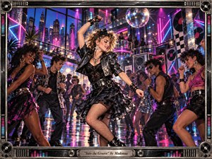 A confident dancer commands a vibrant 1980s nightclub, surrounded by energetic figures, mirrored surfaces, speakers, and a glowing city skyline. Electric magenta, violet, cyan, and silver reflections pulse across the glossy floor beneath a disco ball. The handcrafted mixed-media style, chrome frame, and engraved title plate heighten the celebratory retro atmosphere.