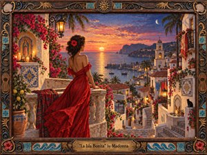 A woman in a flowing red dress overlooks a glowing island harbor at sunset, surrounded by whitewashed buildings, bougainvillea, tiled stairways, palms, candles, and lanterns. Warm gold, coral, crimson, and deep blue create a romantic, nostalgic mood, rendered in richly textured painterly detail within an ornate handcrafted frame.
