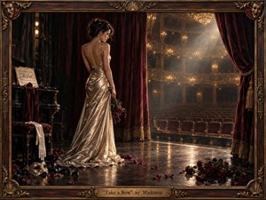 A solitary woman in a shimmering champagne gown stands backstage in an ornate, empty theater, holding wilted roses after a final performance. Deep burgundy curtains, scattered petals, abandoned gloves, and a fallen mask heighten the melancholy. Warm chandelier light cuts through smoky shadows, creating a richly textured, cinematic oil-painted atmosphere of heartbreak, dignity, and farewell.
