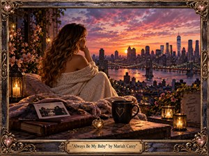 A contemplative woman wrapped in a soft cream knit sits on a flower-trimmed rooftop terrace overlooking a glowing city skyline at sunset. Warm lantern light, pink clouds, and river reflections create a tender, nostalgic mood, while keepsakes, blossoms, and an ornate decorative frame give the scene a richly detailed, romantic, painterly elegance.