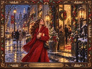 A woman in a flowing red coat cradles a wrapped gift on a snowy city street glowing with Christmas lights. Warm storefronts, wreaths, garlands, lanterns, and reflected gold light contrast with the cool blue evening. Rich painterly detail, gentle snowfall, festive crowds, and an ornate musical frame create romantic holiday warmth.