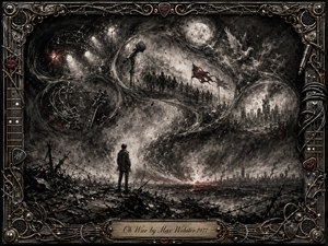 A lone figure stands amid shattered ground, facing a ruined horizon beneath swirling, S-shaped clouds of smoke filled with soldiers, a microphone, guitar fragments, birds, and a distant city. Deep charcoal textures, stark black-and-white contrast, muted red accents, and tarnished gold details create a somber, dramatic mood within an ornate rock-inspired metal frame.