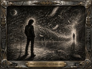 A lone figure stands beside a microphone in a shadowy charcoal landscape as handwritten words, drifting letters, feathers, and sound waves spiral toward a distant illuminated silhouette. Deep blacks, smoky grays, and warm metallic highlights create an introspective, mysterious mood, framed by ornate chrome, gold, guitar strings, musical notation, and an engraved title plate.