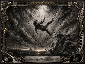 A lone figure tumbles through a stormy charcoal vortex above jagged cliffs and a distant industrial horizon, conveying weight, chaos, and inevitable descent. Smoky blacks, silver grays, and faint golden accents create dramatic contrast. An ornate metallic music-themed frame surrounds the scene, with guitar strings, piano keys, speakers, lightning, and an engraved title plate.