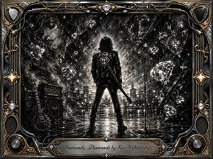 A lone leather-clad guitarist faces a glowing nighttime city beneath drifting diamonds and fractured reflections. Deep charcoal textures create a brooding, surreal rock atmosphere, sharpened by silver highlights and smoky light. Amplifiers and a microphone flank the figure, while an ornate chrome-and-gold musical frame surrounds the dramatic monochrome composition.