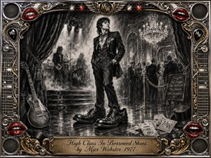 A sharply dressed man stands in oversized borrowed shoes between a smoky rock stage and an elegant ballroom, embodying uneasy ambition and theatrical confidence. Deep charcoal textures, dramatic spotlights, chandeliers, guitars, tickets, and reflective flooring create a moody vintage atmosphere, framed by ornate chrome, gold filigree, red lips, speakers, and musical details.