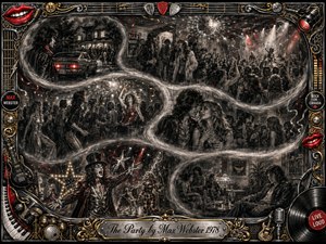 A richly textured charcoal collage captures a wild late-1970s rock party unfolding through smoky, feathered S-curves. Crowds dance, flirt, perform, and unwind beneath disco lights, stage beams, confetti, and haze. Mostly monochrome tones are energized by crimson, chrome, and gold accents, framed with ornate musical details and an engraved title plate.