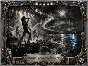 A dramatic charcoal rock performance unfolds beside a moonlit waterline, with a silhouetted singer, band, and surging crowd beneath blazing stage lights. Sweeping S-curves of smoke, sound waves, and reflective water create motion, while black, silver, blue, and amber tones contrast sharply. An ornate chrome-and-gold musical frame completes the atmospheric composition.