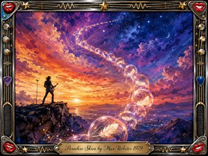 A lone guitarist stands on a rocky overlook beneath radiant paradise skies shifting from fiery orange and gold into violet and deep blue. Glowing feather-filled bubbles sweep upward in an elegant S-curve, creating a dreamlike, uplifting mood. Rich painterly textures, stars, clouds, and a chrome-and-gold musical frame complete the dramatic composition.