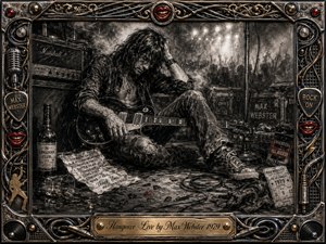 A weary guitarist slumps backstage after a roaring concert, surrounded by tangled cables, scattered picks, bottles, a crumpled set list, and fading stage lights. Deep charcoal textures and smoky grays create an exhausted, gritty mood, while metallic gold, chrome, and red accents animate the ornate rock-themed frame and engraved title plate.