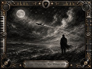 A solitary figure overlooks a glowing city beneath a turbulent moonlit sky as a jet climbs through swirling clouds and stars. Deep feathered charcoal textures create a mysterious, reflective mood, while silver highlights sharpen the night. An ornate chrome-and-gold musical frame, vinyl records, piano keys, speakers, strings, and engraved title plate complete the composition.