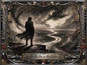 A solitary figure stands on a windswept ledge overlooking a luminous, winding path beneath turbulent skies. Deep feathered charcoal textures create a brooding, reflective mood, softened by warm gray light and muted crimson accents. An ornate chrome-and-gold musical frame, red lips, guitar details, speakers, and engraved title plate complete the dramatic rock-inspired composition.
