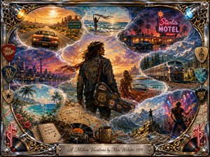 A windswept traveler stands amid dreamlike vacation scenes linked by flowing, feathered curves: highways, beaches, neon motels, mountains, trains, cities, and live music. Saturated oranges, blues, purples, and turquoise glow beneath cinematic sunset light. The richly detailed retro-rock painting is framed with chrome, gold, guitar motifs, and an engraved title plate.