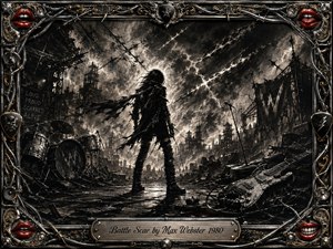 A lone, battle-worn rocker stands amid a shattered concert landscape, surrounded by broken drums, a ruined guitar, cables, smoke, and scarred industrial ruins. Deep charcoal textures, harsh white highlights, and smoky shadows create a defiant, apocalyptic mood. An ornate chrome-and-gold frame features red lips, guitar picks, wires, and engraved title plate.