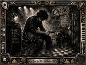 A brooding guitarist sits hunched in a smoky rehearsal space, surrounded by amplifiers, drums, microphones, and handwritten checklists. Deep charcoal textures, stark black-and-white contrast, and dramatic spotlights create an introspective, restless mood. An ornate chrome-and-gold rock-themed frame, accented with red lips, piano keys, picks, and equalizer motifs, completes the composition.