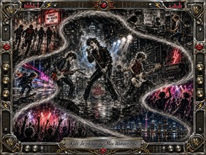 A gritty charcoal-and-digital rock montage captures young musicians performing amid a rain-slicked city night, surrounded by feathered S-curve scenes of rehearsal, skating, crowds, and neon streets. Smoky blacks and silvers contrast with electric reds, blues, and magentas, while dramatic stage lighting and an ornate chrome-and-gold music-themed frame amplify the restless 1980s energy.
