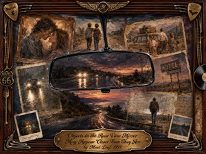 A weathered road-trip collage surrounds a rain-speckled rearview mirror reflecting glowing headlights on a winding highway at sunset. Faded photographs of love, childhood, family, motels, and lonely roads create a bittersweet mood. Warm amber, rust, charcoal, and gold tones blend painterly textures with nostalgic realism, framed by musical and Route 66 details.