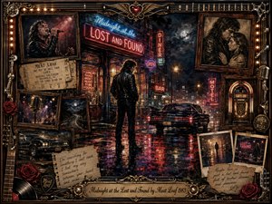 A solitary leather-clad figure stands on a rain-soaked midnight street beneath glowing Lost and Found neon, surrounded by faded concert memories, photographs, roses, tickets, microphones, and vintage cars. Deep reds, blues, golds, and purple reflections create a wistful mood, while painterly textures and ornate rock-and-roll framing evoke longing, nostalgia, and restless romance.