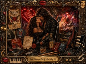An ornate, theatrical collage centers on a smoldering couple embracing amid a fiery concert atmosphere, glowing neon, and scattered rock memorabilia. Deep reds, burnished golds, and shadowy blacks heighten the sensual, dramatic mood. Richly layered details, vintage instruments, and an elaborate decorative frame give the scene a lavish, nostalgic album-art intensity.