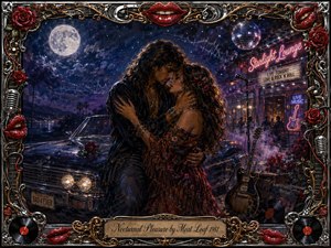 A moonlit rock-and-roll romance unfolds beside a vintage convertible outside a neon lounge, where two lovers embrace beneath a starry sky. Deep blues, burgundy, crimson, chrome, and gold glow through painterly oil-like textures. Roses, guitars, vinyl records, microphones, red lips, and ornate metallic framing heighten the passionate nocturnal mood.