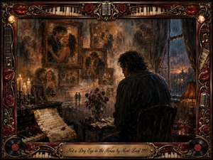 A solitary man sits beside a rain-streaked window, surrounded by fading portraits of love and happier times. Warm amber candlelight contrasts with stormy blue shadows, deepening the sorrowful atmosphere. Rich painterly textures, roses, piano keys, sheet music, microphones, and ornate gold details frame this intimate meditation on heartbreak and memory.
