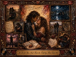 A passionate couple embraces at the heart of a nostalgic rock-romance collage, surrounded by framed memories of motorcycles, moonlit drives, concerts, letters, roses, and quiet musical moments. Warm amber, burgundy, and sepia tones contrast with cool blue night scenes, while dramatic painterly lighting and ornate rosewood, gold, chrome, and vinyl details create a timeless, devoted mood.