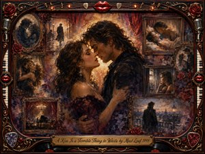 A passionate couple hover on the edge of a kiss within a theatrical collage of fading romantic memories. Warm amber light, deep crimson roses, smoky shadows, and rich burgundy tones create longing and nostalgia. Painterly textures blend oil, acrylic, and watercolor effects, framed by ornate gold, chrome, piano keys, strings, lips, and musical details.
