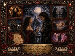 A dramatic gothic-romantic collage shows a passionate couple facing each other beneath a glowing moon and distant castle, surrounded by faded memories of dancing, motorcycle rides, rain, reaching hands, roses, and concert lights. Deep burgundy, gold, black, and blue tones blend with warm candlelight in richly textured painterly detail.